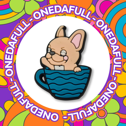 Super Cute French Bulldog Puppy In A Blue Cup Charm To Fit Crocs/Clogs - Animal Dog