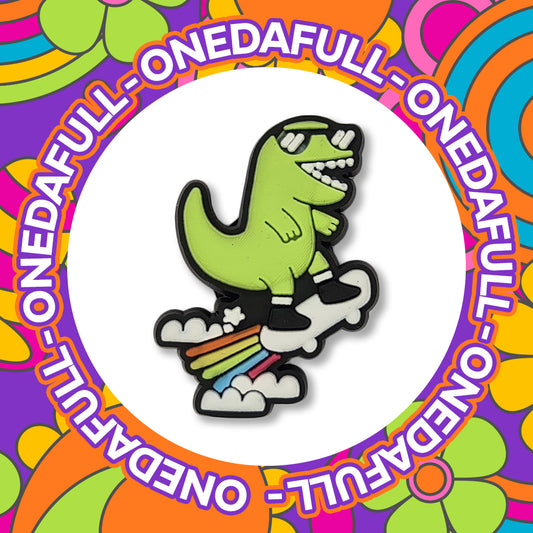 Chunky T Rex Dinosaur Skateboarding On A Rainbow Clog Charm
