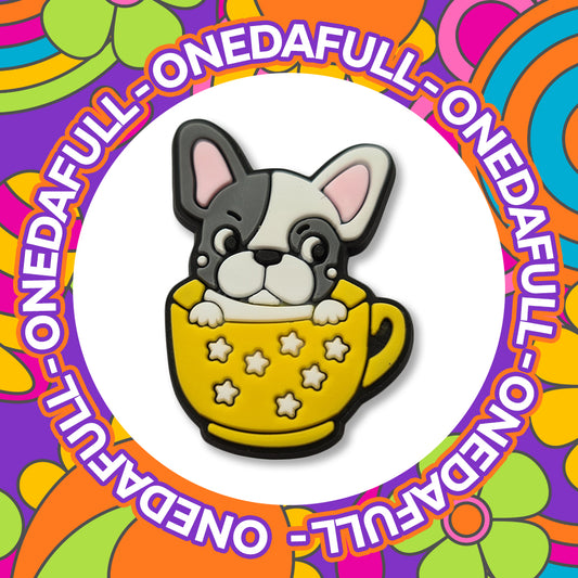 Super Cute French Frenchie Bulldog In A Cup Dog Puppy Charm To Fit Crocs/Clogs