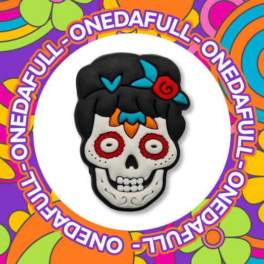 3D Sugar Skull Tattoo Croc Charm: Woman with Rose