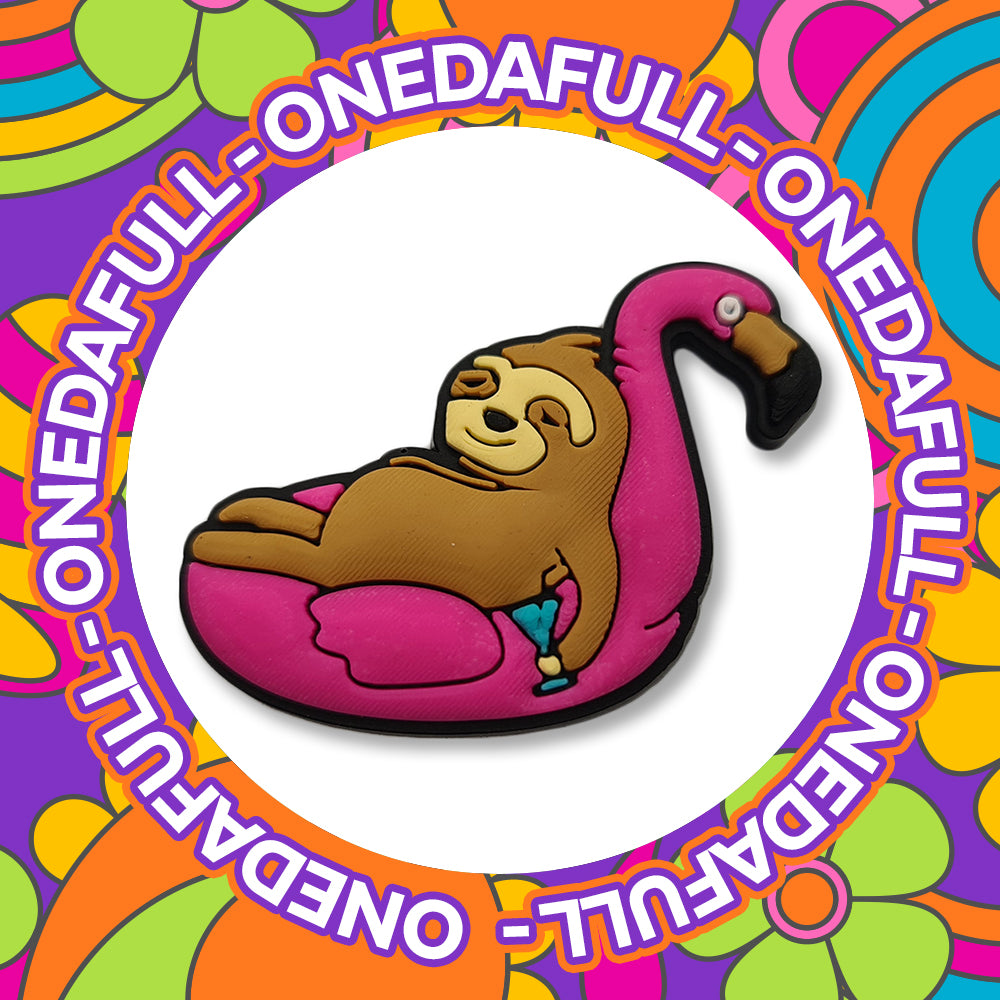 Super Cute Chunky Lazy Sloth On Inflatable Flamingo With Drink Charm To Fit Crocs/Clogs - Animal Funny